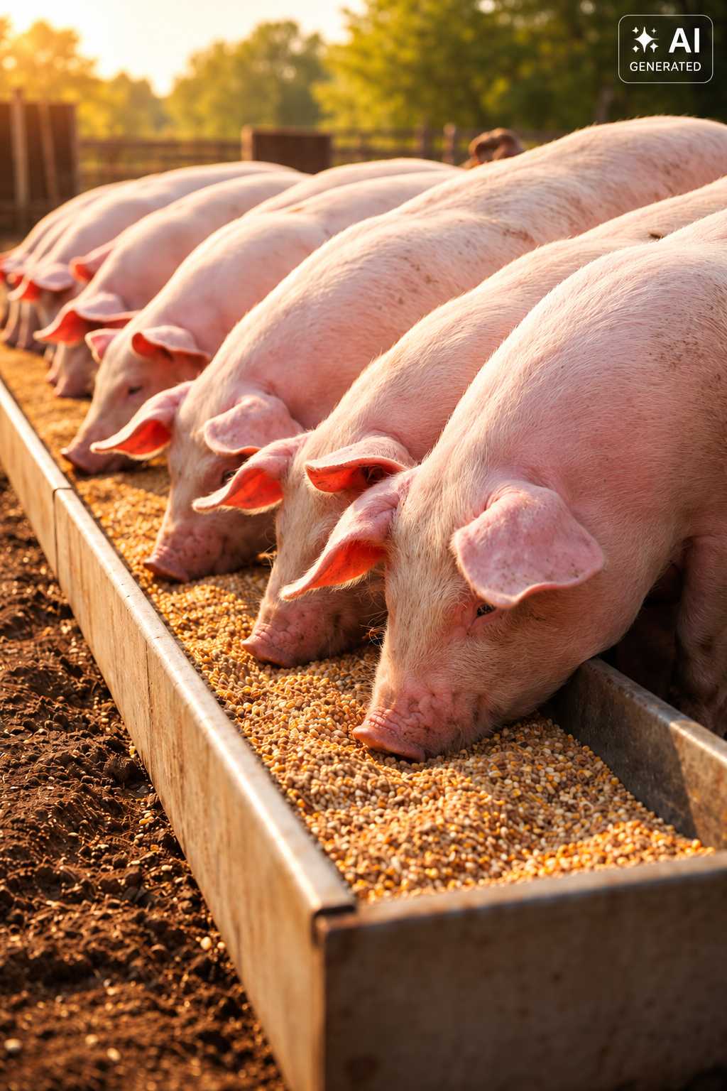 Mehrere Schweine fressen gemeinsam aus einem Futtertrog